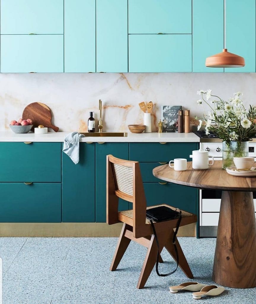 Example of Mid Century Modern Kitchen featuring wood tones, stylistic forms and aqua kitchens