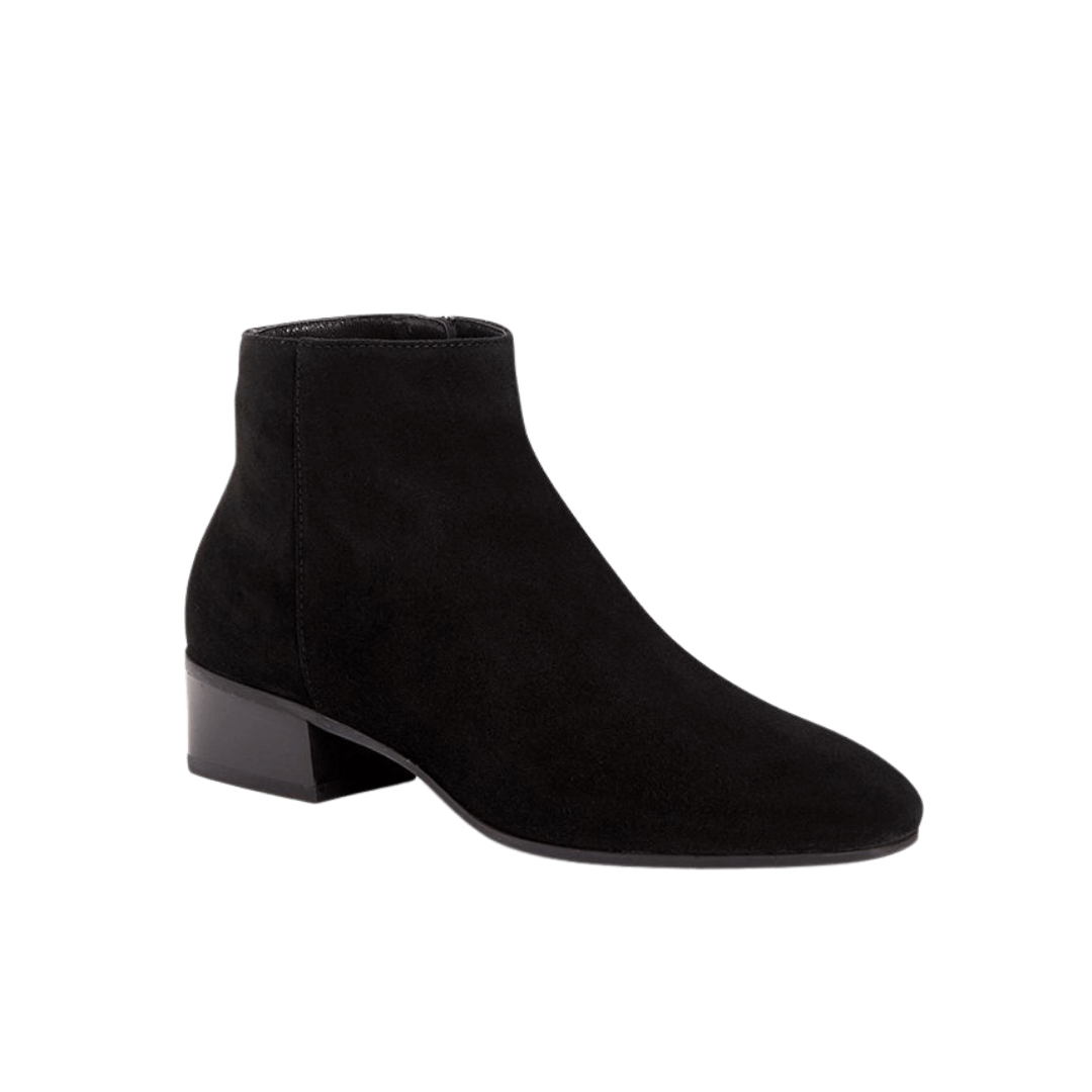 Aquatalia fuoco booties for travel in mind, small heel and body of shoe in black velvet with round pointed toe